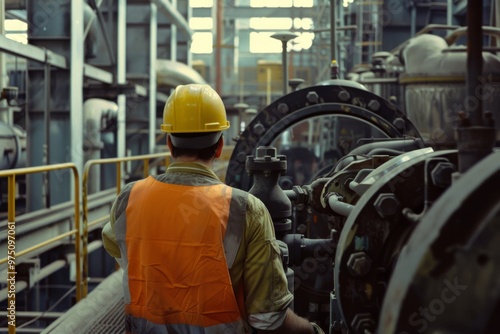 A worker in an orange vest and yellow helmet operates heavy machinery in an industrial facility, surrounded by intricate pipes and equipment.