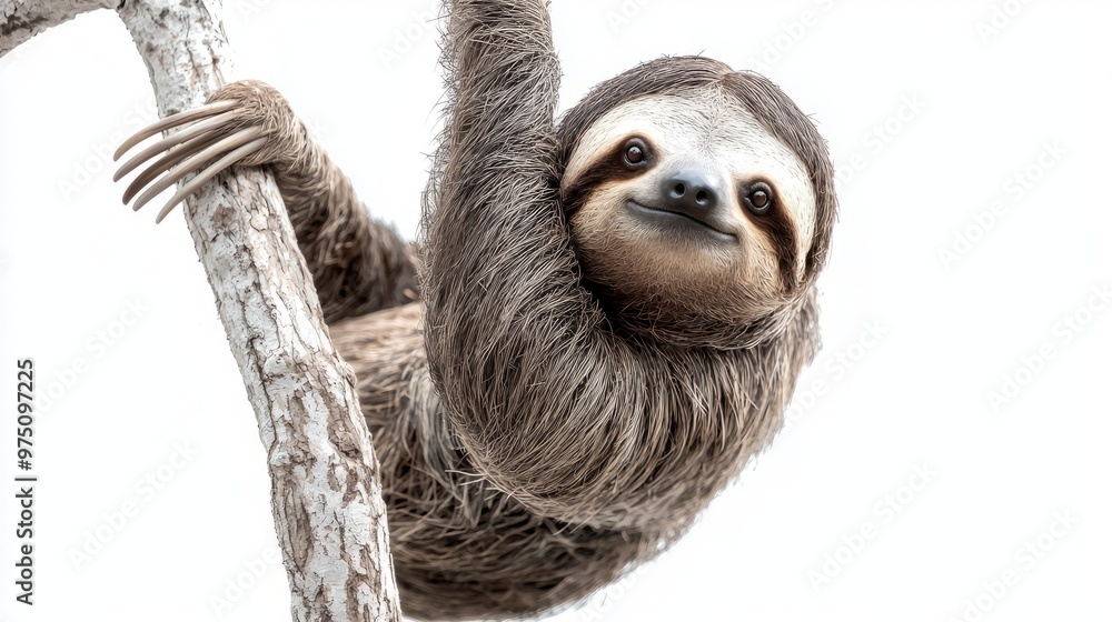 Cute Sloth Hanging On Tree Branch Isolated On White Background Cute Sloth Hanging On Tree Branch Isolated On White Background