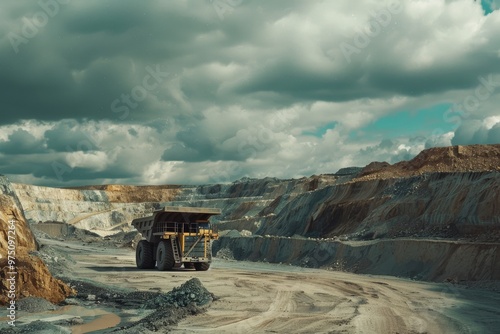 A lone dump truck navigates the curved paths of a vast, sunlit quarry under a partly cloudy sky, highlighting its immense scale.