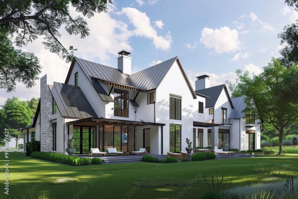 A contemporary house with a mix of geometric shapes and large windows, surrounded by manicured lawns and trees under a bright, cheerful sky. A contemporary house with a mix of geometric shapes and large windows, surrounded by manicured lawns and trees under a bright, cheerful sky.
