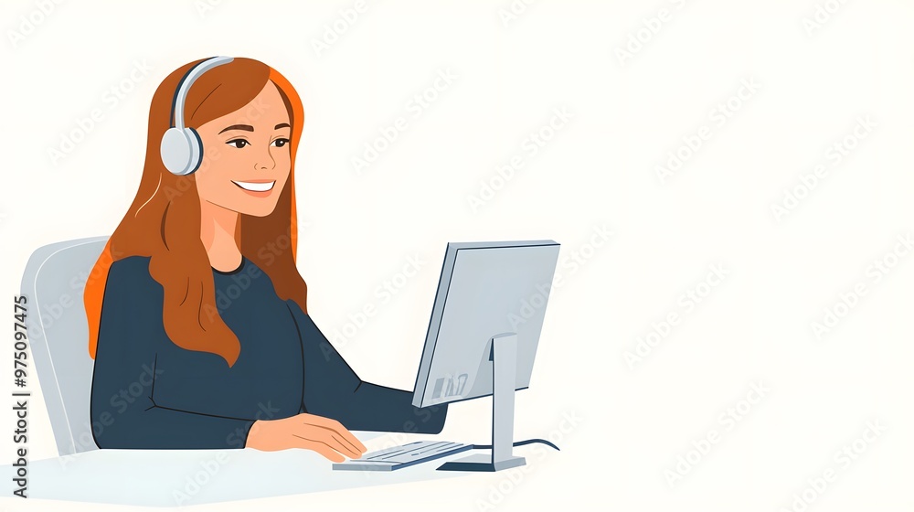 Smiling Woman Working on a Computer with Headphones Smiling Woman Working on a Computer with Headphones