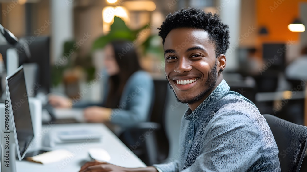 Smiling Black Man Working at Computer in Modern Office Smiling Black Man Working at Computer in Modern Office