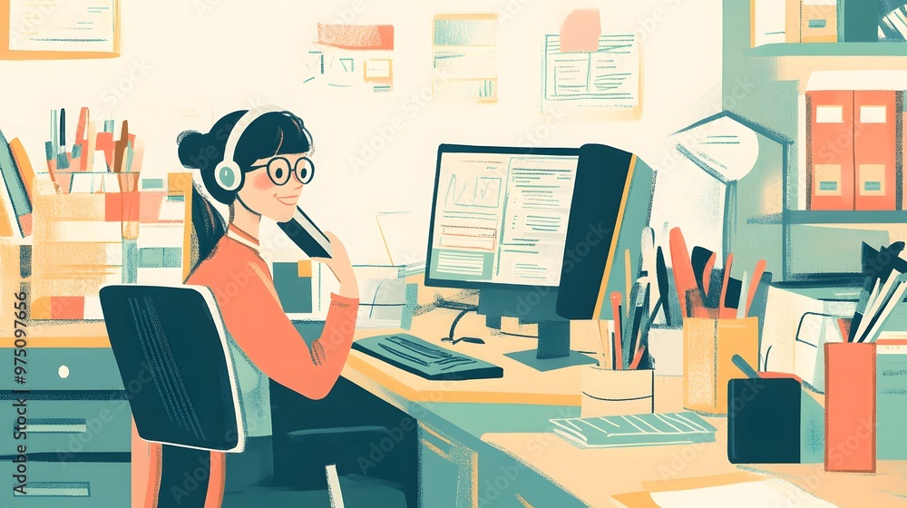 Woman in a Headphone Working at Her Desk with a Computer