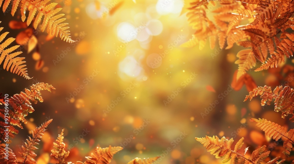 Autumn leaves and sunlit background with orange ferns framing copy space for nature-themed designs and seasonal messages Autumn leaves and sunlit background with orange ferns framing copy space for nature-themed designs and seasonal messages