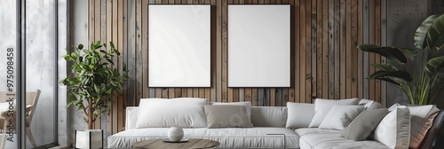 Modern living room interior with white sofa  wooden wall  and two blank frames