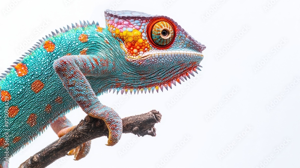 Colorful Chameleon on Branch with White Background Colorful Chameleon on Branch with White Background