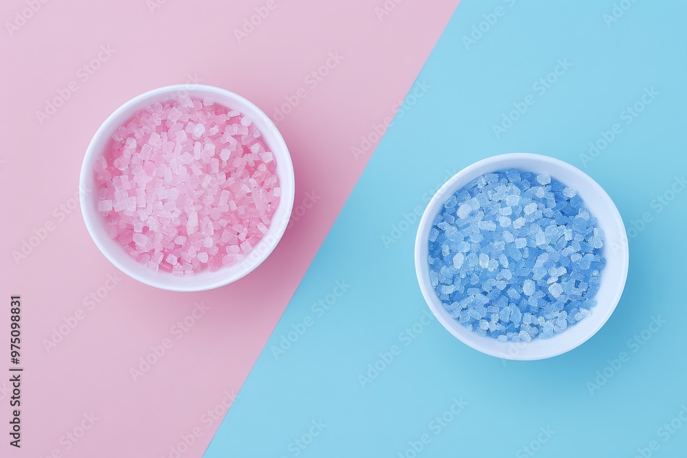 Two bowls filled with colorful bath salts, one pink and one blue, placed on a pastel pink and blue split background. Two bowls filled with colorful bath salts, one pink and one blue, placed on a pastel pink and blue split background.