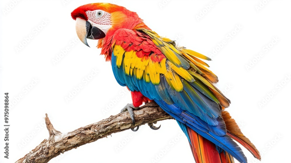 Scarlet Macaw Parrot Perched on Branch Isolated on White Background Scarlet Macaw Parrot Perched on Branch Isolated on White Background