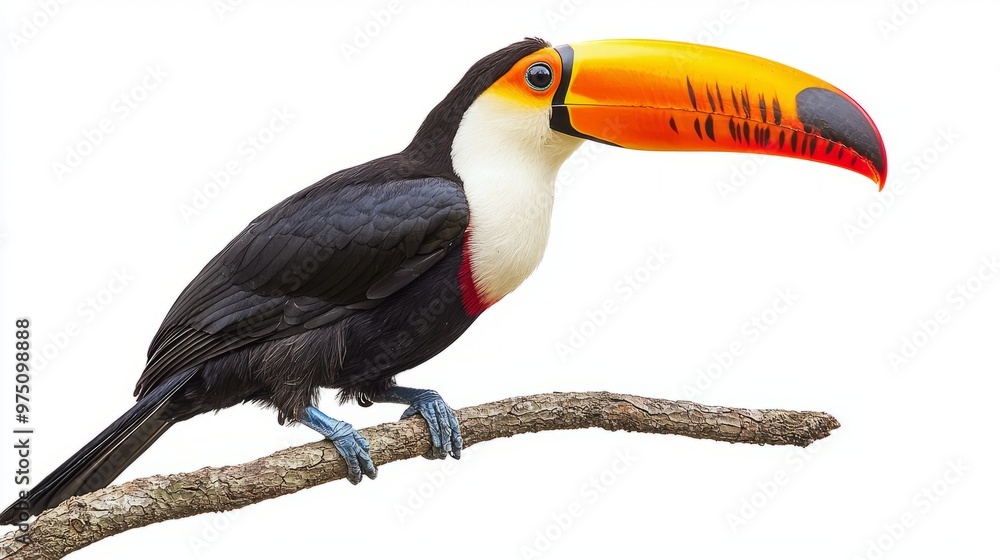 Fototapeta premium Toucan Bird Perched on Branch Isolated on White Background