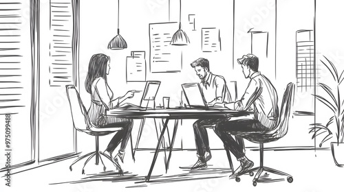 Sketch of three people working on laptops at a table in an office setting