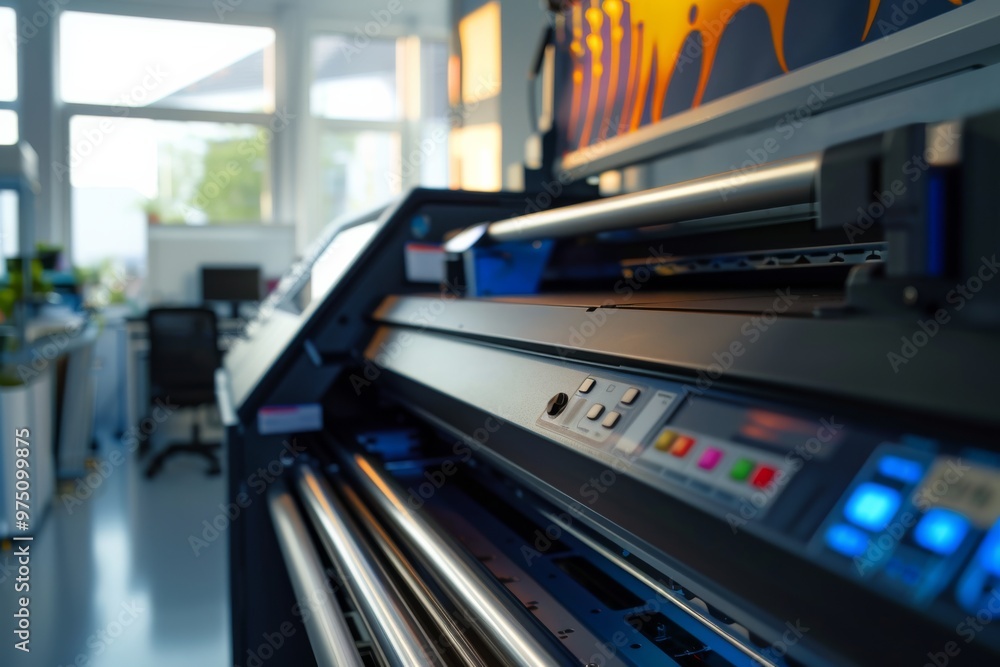 Close-up of a large-format printer in a modern, well-lit print shop, showing the machine's control panel and paper rollers. Close-up of a large-format printer in a modern, well-lit print shop, showing the machine's control panel and paper rollers.