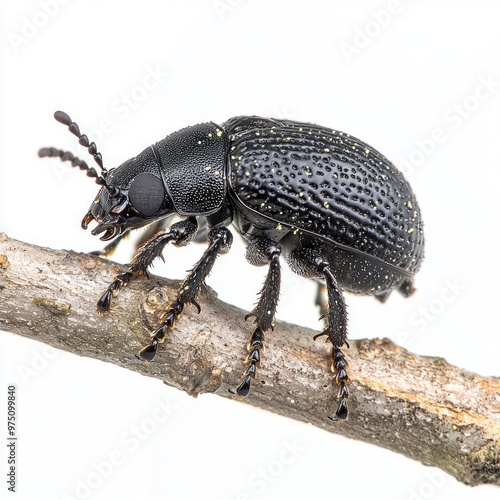 bark beetle explores a branch, its thick, segmented body reflecting light as it moves. The hard shell is adorned with tiny details against the stark white backdrop, emphasizing its form.