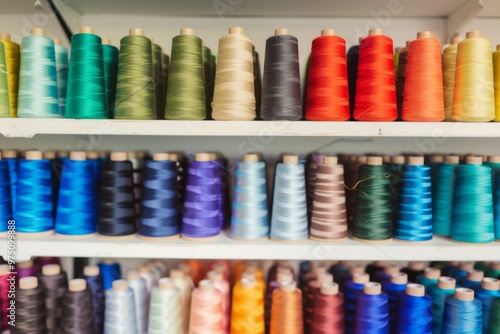 Neatly arranged spools of colorful thread in vibrant shades on shelves, showcasing a spectrum of hues and indicating a creative, artistic space.