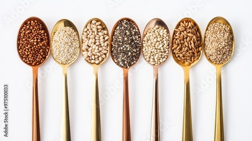 Grains on Brass Spoon. AI generated illustration photo