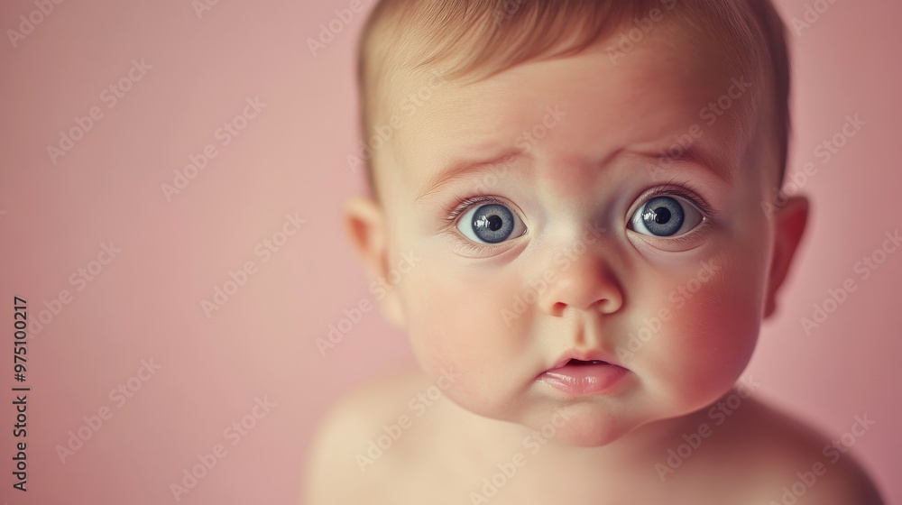Close-up of a surprised baby with blue eyes, soft light. Childhood and innocence concept Close-up of a surprised baby with blue eyes, soft light. Childhood and innocence concept