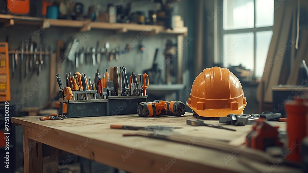 Fototapeta premium A well-equipped workshop with tools and safety gear, ready for construction or DIY projects.