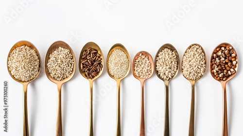 Grains on Brass Spoon. AI generated illustration photo