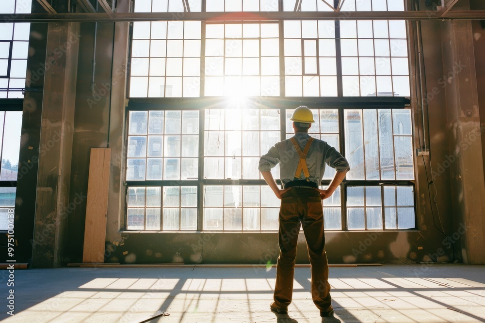 A construction worker in a brightly sunlit space admires the expansive view through tall glass windows while reflecting on his accomplishments. A construction worker in a brightly sunlit space admires the expansive view through tall glass windows while reflecting on his accomplishments.
