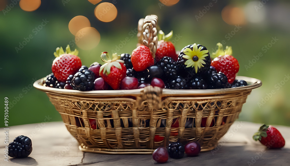 A wicker basket filled with fresh, ripe berries and fruit, including strawberries and blackberry isolated on a white background A wicker basket filled with fresh, ripe berries and fruit, including strawberries and blackberry isolated on a white background