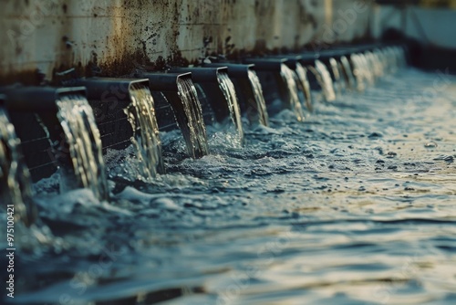 A soothing, gentle flow of water streams down a well-crafted channel in an industrial setting, highlighting precision in water management. photo