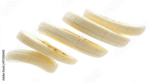   A cluster of four peeled bananas stacked atop one another atop a white table against a white backdrop photo