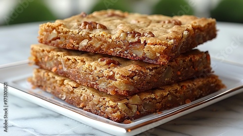  A granola bar stack atop a white plate on a white marble counter