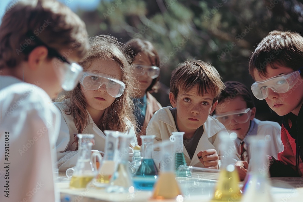 A group of children, intensely focused on science experiments, surrounded by colorful chemical-filled beakers outdoors. A group of children, intensely focused on science experiments, surrounded by colorful chemical-filled beakers outdoors.