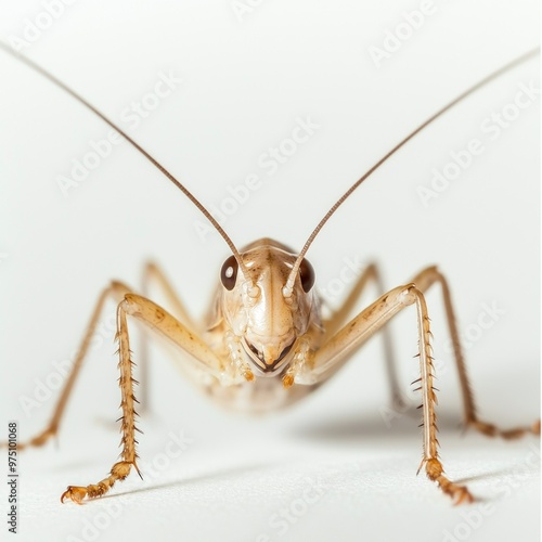 camel cricket captures attention with its long, curved legs and tiny body, presenting an intricate texture against a minimalist white surface. Its unique visage reveals nature's artistry. photo