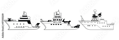 Set of black white hand drawn vector research vessels on white background