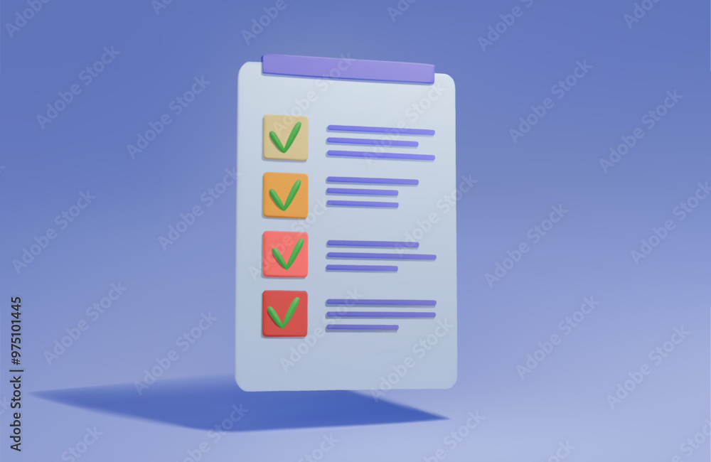 3d checklist. Questionnaire. Description of the tasks on a white letterhead on a blue background. Effective work on the concept of the project plan. A list of solving tasks to improve labor productivi