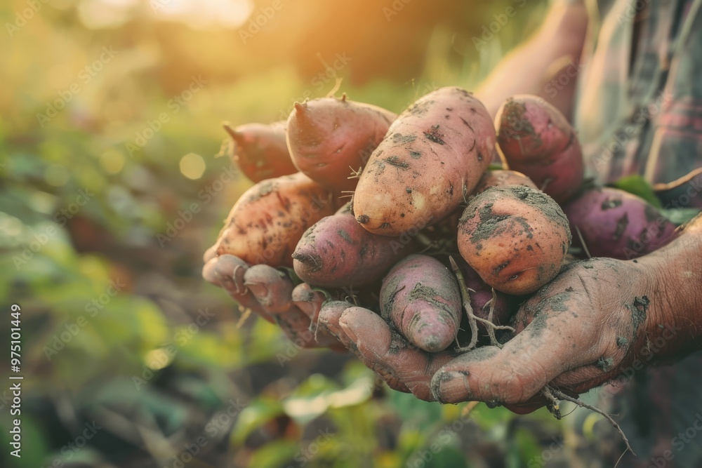 A farmer holds a handful of freshly harvested colorful potatoes, dirt still clinging to their skins, under the warm glow of the setting sun. A farmer holds a handful of freshly harvested colorful potatoes, dirt still clinging to their skins, under the warm glow of the setting sun.