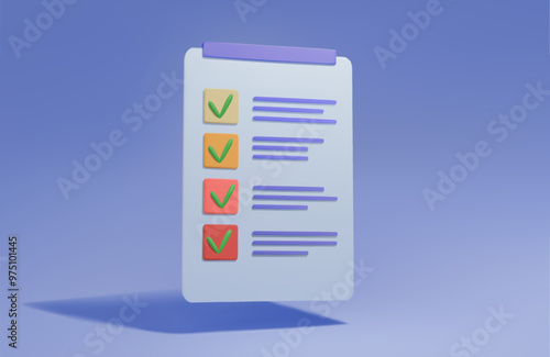 3d checklist. Questionnaire. Description of the tasks on a white letterhead on a blue background. Effective work on the concept of the project plan. A list of solving tasks to improve labor productivi