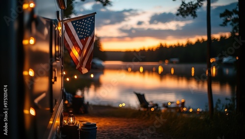 An RV with an American flag on its roof, parked at a scenic campsite near a lake, twilight, soft focus, peaceful ambiance