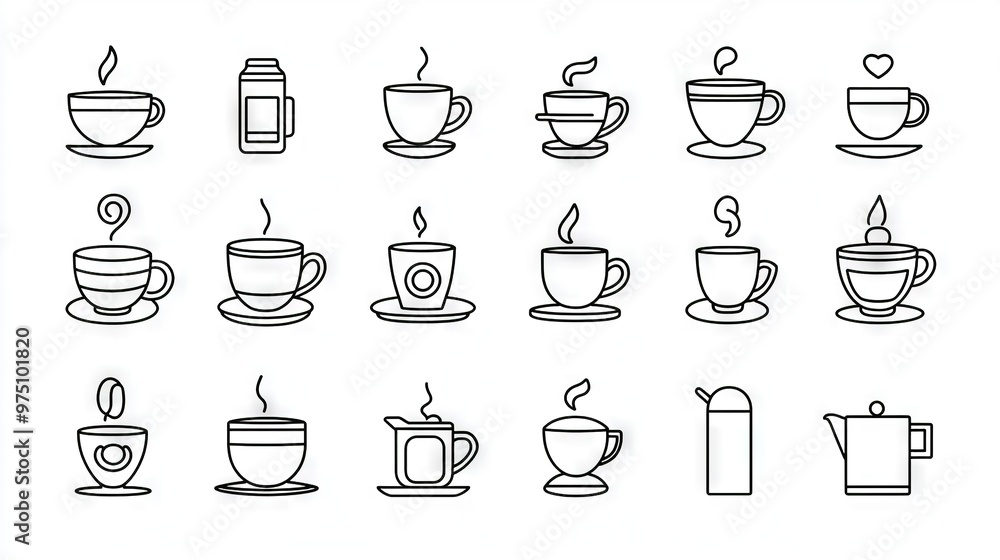 Obraz premium A white background showcases a set of coffee cups and saucers, accompanied by a line drawing of the same