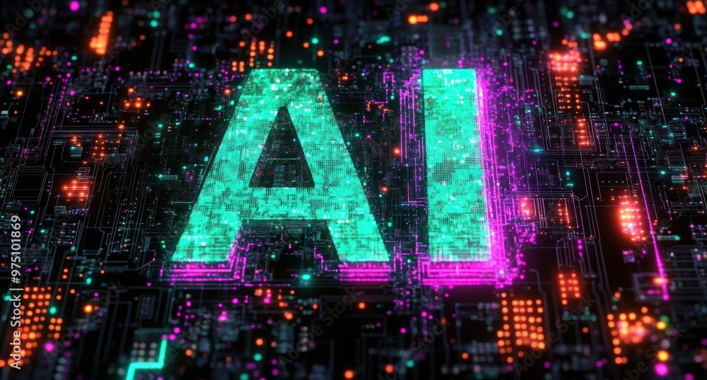 Image of ai text and data processing over black background Image of ai text and data processing over black background