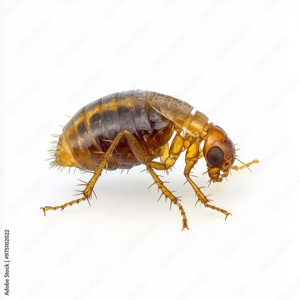 flea moves with its legs extended, revealing its small, rounded body and detailed features against a clean white backdrop, highlighting its unique anatomy. flea moves with its legs extended, revealing its small, rounded body and detailed features against a clean white backdrop, highlighting its unique anatomy.