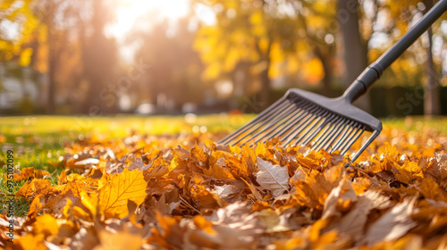 “Cleaning up autumn fallen leaves: a pile of leaves being collected with a rake on the lawn in a park. Represents concepts of volunteering, cleaning, and ecology.”