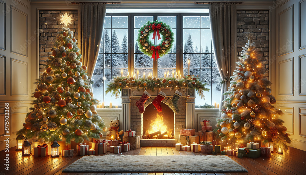 A cozy Christmas scene with a decorated tree, lit fireplace, and presents creating a festive atmosphere. A cozy Christmas scene with a decorated tree, lit fireplace, and presents creating a festive atmosphere.