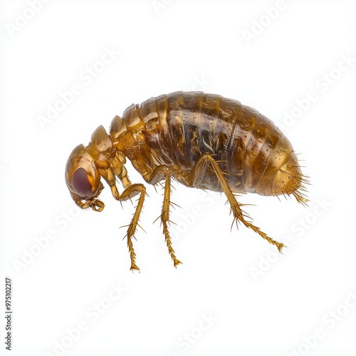 tiny flea moves across a stark white surface, its small, rounded body and detailed legs highlighted in this close-up view, illustrating the complexity of this common insect.