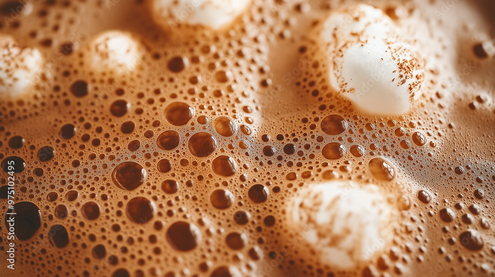 a close-up, top-down view of hot chocolate foam, filling the entire frame with the focus on the creamy, frothy topping a close-up, top-down view of hot chocolate foam, filling the entire frame with the focus on the creamy, frothy topping
