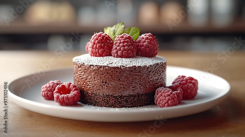  A chocolate cake adorned with raspberries sits on a white plate atop a wooden table, framed by a blurred backdrop