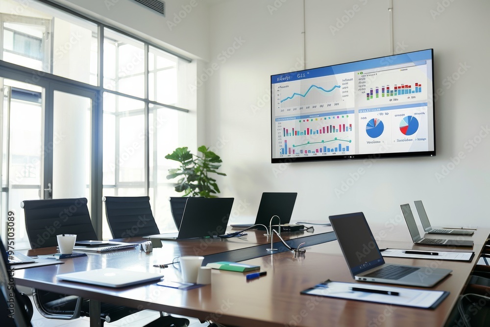 A clean, modern conference room with a large screen displaying charts and graphs, surrounded by a rectangular table and sleek office chairs, ready for a business presentation. A clean, modern conference room with a large screen displaying charts and graphs, surrounded by a rectangular table and sleek office chairs, ready for a business presentation.