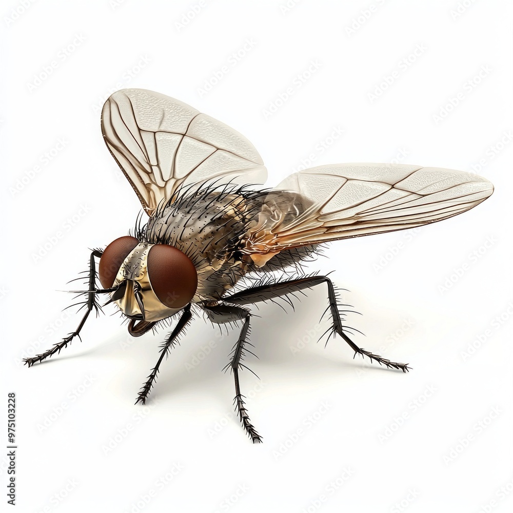 striking close-up captures the housefly's fascinating features, highlighting its large compound eyes and translucent wings, isolated on a bright white background. striking close-up captures the housefly's fascinating features, highlighting its large compound eyes and translucent wings, isolated on a bright white background.