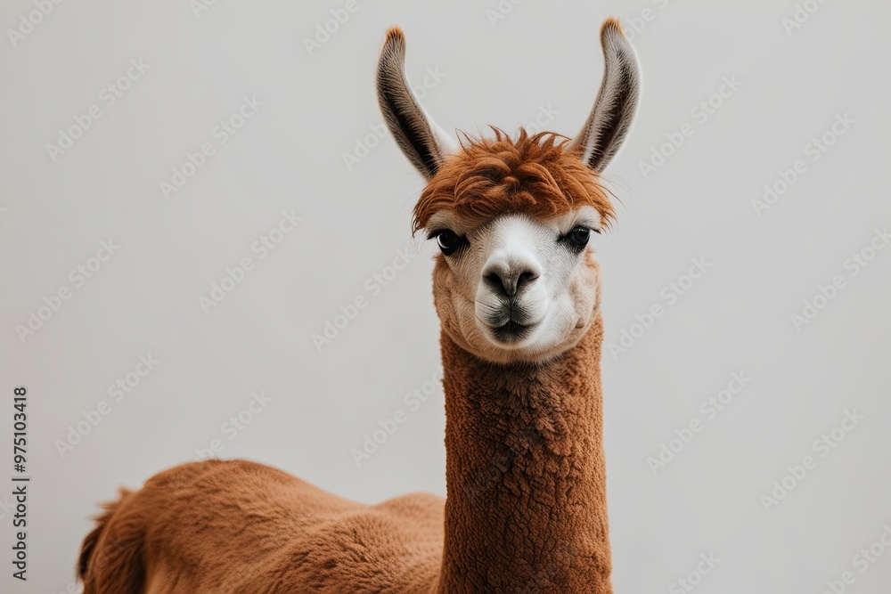 Obraz premium Solitary Llama Portrait on Plain Background - Cute South American Mammal Face