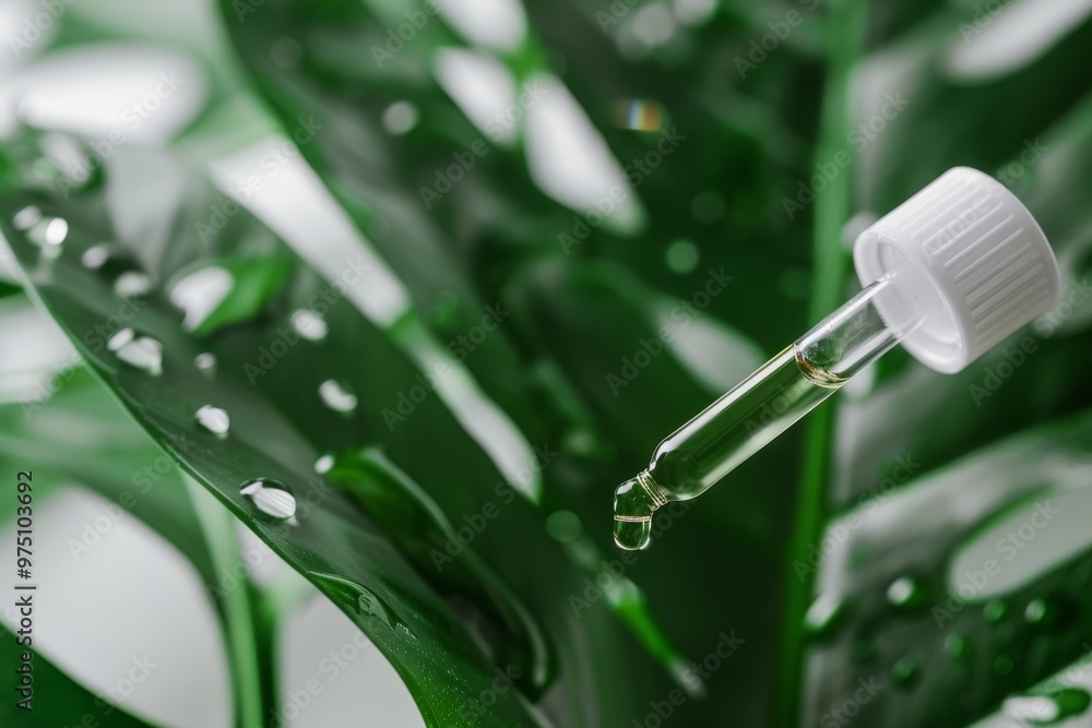 A minimalistic photograph featuring a pipette gently releasing a clear liquid onto vibrant green leaves, highlighting freshness and vitality. A minimalistic photograph featuring a pipette gently releasing a clear liquid onto vibrant green leaves, highlighting freshness and vitality.