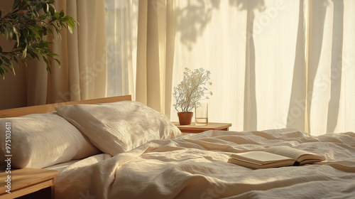 soft and tranquil morning scene a clean but slightly unmade bed with crumpled cotton white sheets and off-white pillows