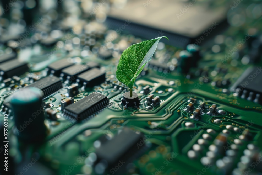 A green leaf sprouts from a circuit board, symbolizing the fusion of nature and technology, innovation, and sustainable design. A green leaf sprouts from a circuit board, symbolizing the fusion of nature and technology, innovation, and sustainable design.