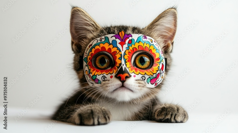 Fototapeta premium The cat's face is covered with a brightly colored Dia de los Muertos mask with a decorative floral pattern on a light background.