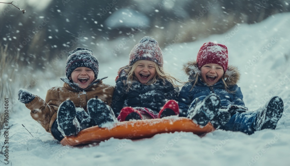 Joyful children sledding down a snowy hill, embracing winter fun and smiles together Joyful children sledding down a snowy hill, embracing winter fun and smiles together