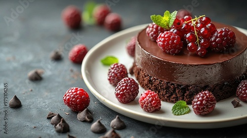   A plate of chocolate cake with raspberries and a table of chocolate chips and raspberries photo